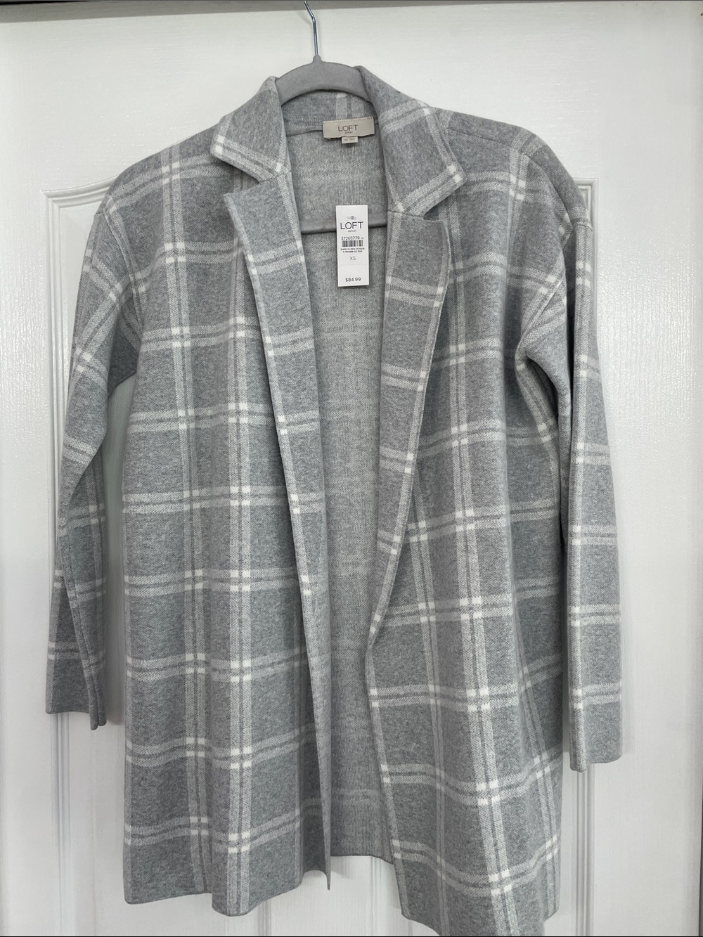 LOFT Gray and White Plaid Open Front Cardigan Jacket